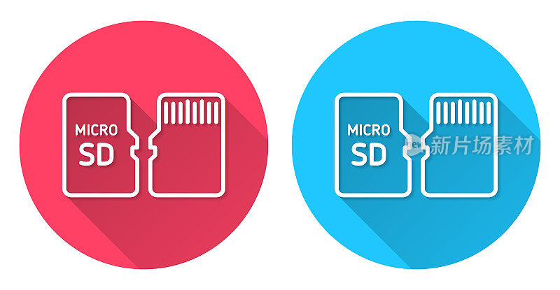 Micro SD卡-前后视图。圆形图标与长阴影在红色或蓝色的背景